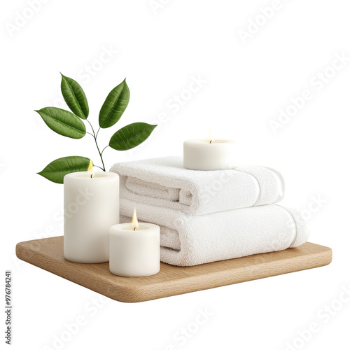 Spa essentials with white towels, candles, and green leaves on wooden tray