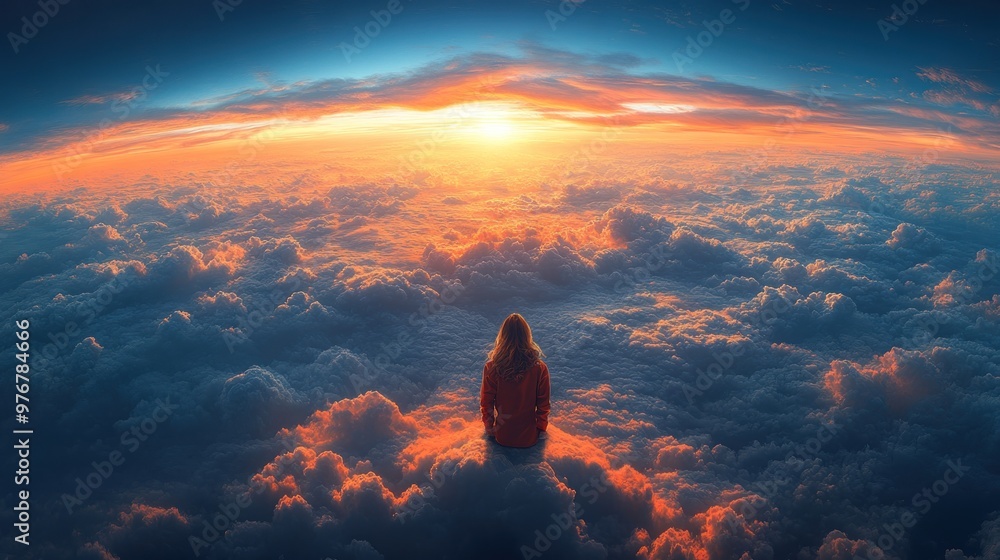 A person sits on clouds, gazing at a vibrant sunset. A person sits on clouds, gazing at a vibrant sunset.