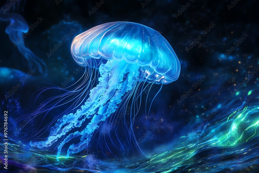 A vibrant frontal view of a magical marine lightshow, bioluminescent jellyfish floating gracefully, illuminated waves shimmering in blues and greens, photorealistic style A vibrant frontal view of a magical marine lightshow, bioluminescent jellyfish floating gracefully, illuminated waves shimmering in blues and greens, photorealistic style