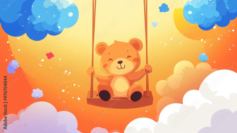 A cute little bear enjoys swinging among colorful clouds in a bright orange sky, creating a whimsical and cheerful atmosphere flat draw A cute little bear enjoys swinging among colorful clouds in a bright orange sky, creating a whimsical and cheerful atmosphere flat draw