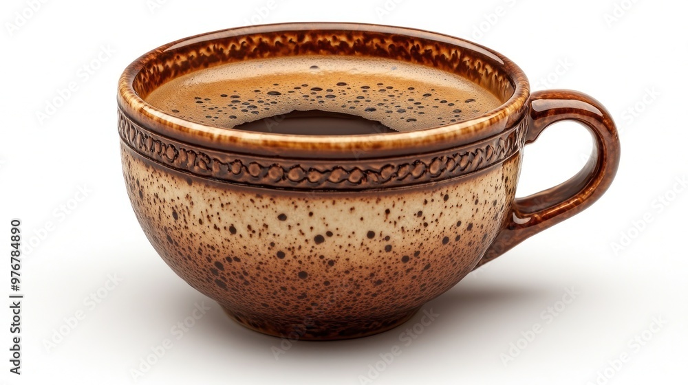 A ceramic cup filled with dark coffee, showcasing a speckled design. A ceramic cup filled with dark coffee, showcasing a speckled design.