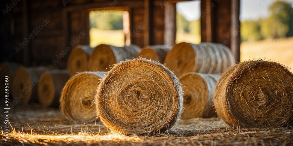 Sunlight Illuminating Hay Bales in a Rustic Barn. Sunlight Illuminating Hay Bales in a Rustic Barn.