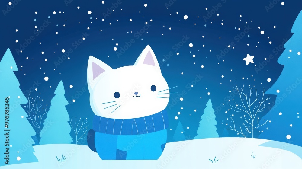 Fototapeta premium A cute cat in a cozy blue winter outfit stands joyfully in a snowy forest under a twinkling starry sky during a serene winter night drawing