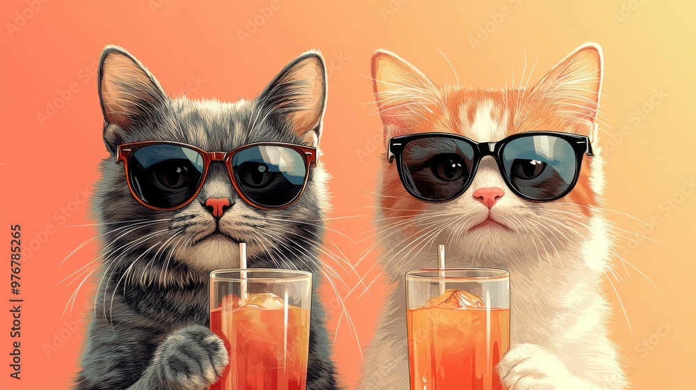 custom made wallpaper toronto digitalStylish anthropomorphic cats enjoying drinks in sunglasses with a chic minimalist design and muted colors in a modern setting