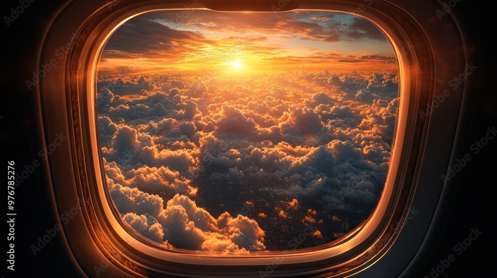 Sunset view from an airplane window above the clouds. Sunset view from an airplane window above the clouds.