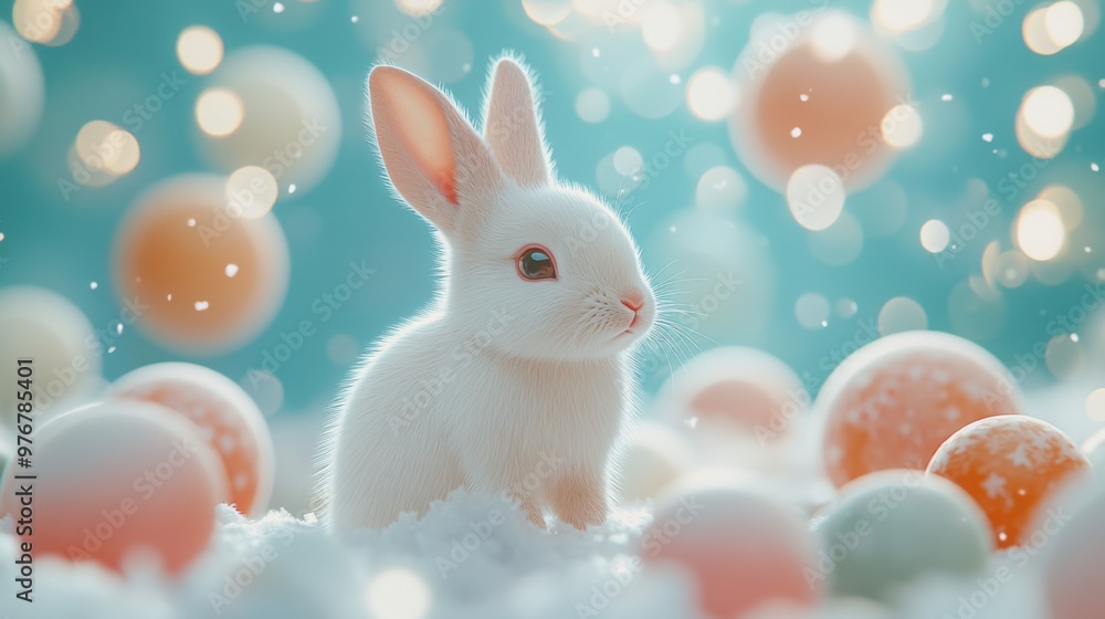 A charming white rabbit is positioned in a teal winter setting, encircled by a variety of colorful spheres, giving a lively and enchanting vibe to the surroundings. A charming white rabbit is positioned in a teal winter setting, encircled by a variety of colorful spheres, giving a lively and enchanting vibe to the surroundings.