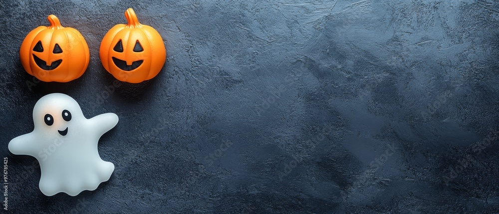Fototapeta premium A cheerful yellow ghost poses with two smiling pumpkins on a textured grey surface, capturing the spirit of Halloween in a delightful flat lay arrangement