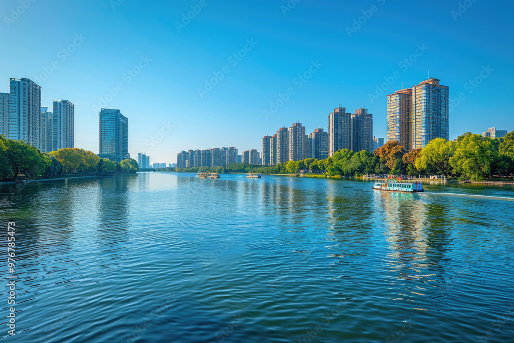 Urban residential buildings by the lake Urban residential buildings by the lake