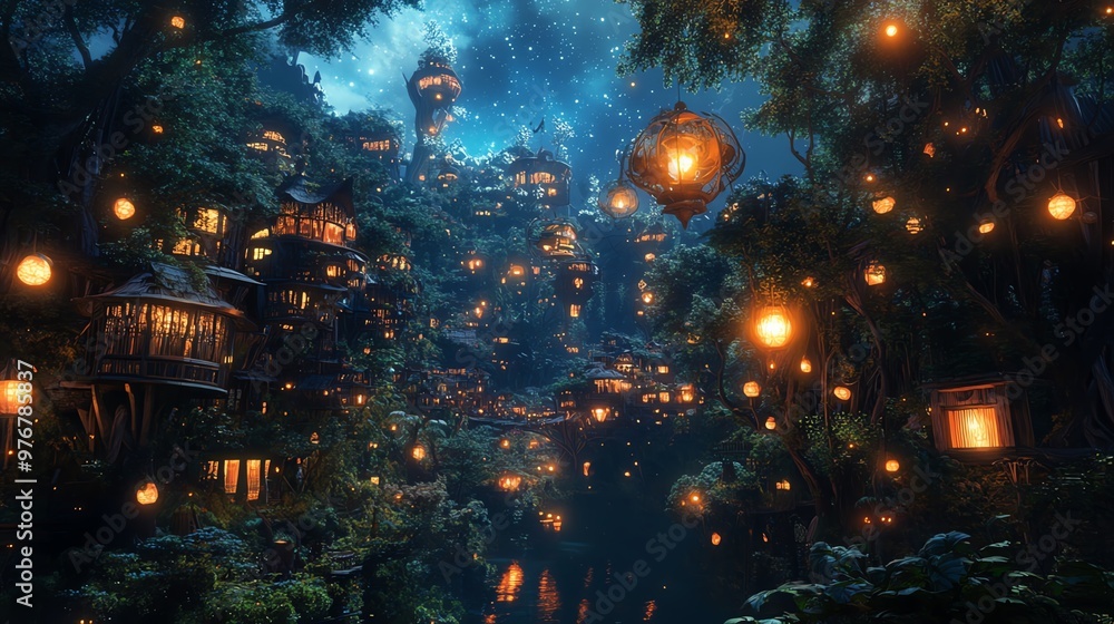 A wide-angle perspective of a mystical forest town A wide-angle perspective of a mystical forest town