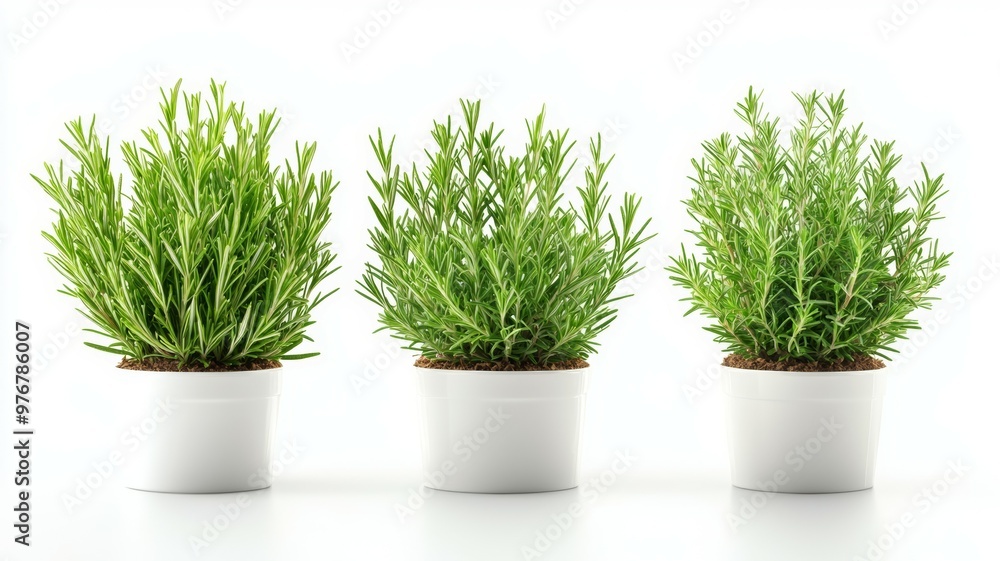 Three potted plants of the same species are lined up in a row Three potted plants of the same species are lined up in a row