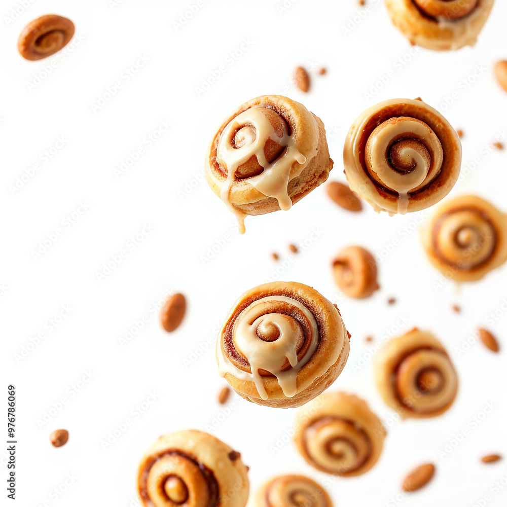 Fototapeta premium Cinnamon rolls with creamy icing floating in mid air in a dynamic composition