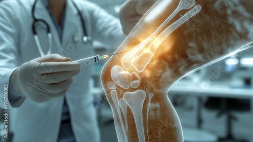 Doctor Administering Joint Injection with Futuristic X-Ray View of Bones and Medical Procedure in High-Tech Clinic photo