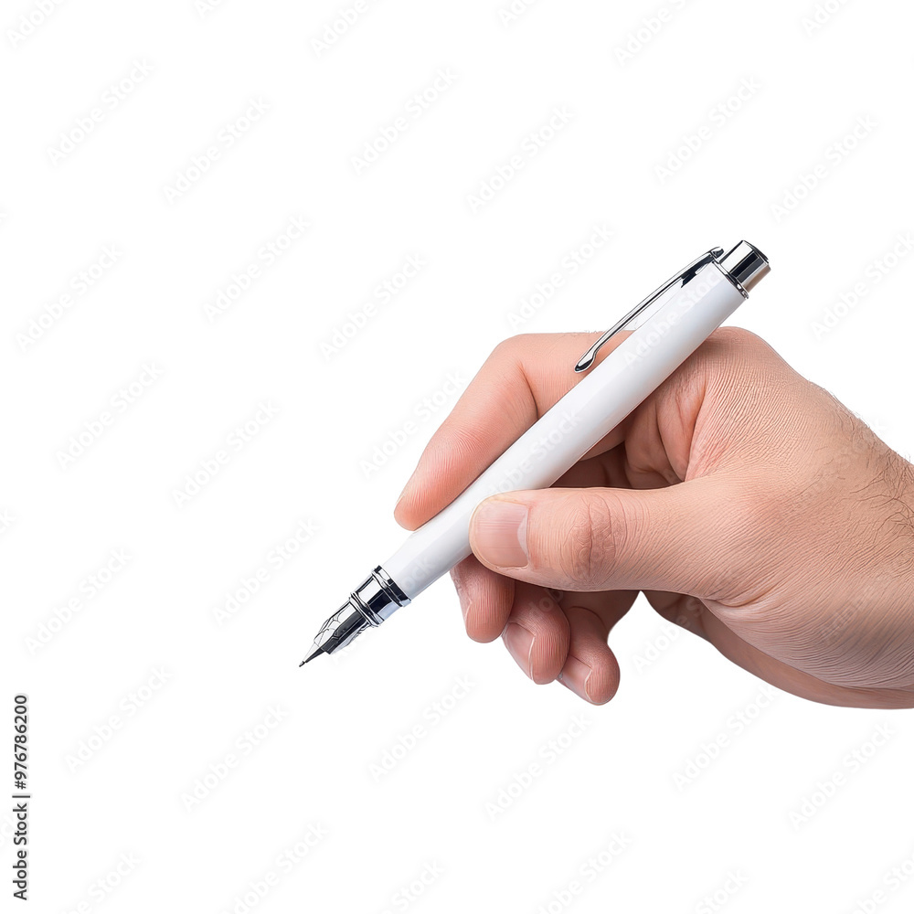 A close-up view of a hand holding a white pen, ideal for writing, crafting, or office concepts. A close-up view of a hand holding a white pen, ideal for writing, crafting, or office concepts.