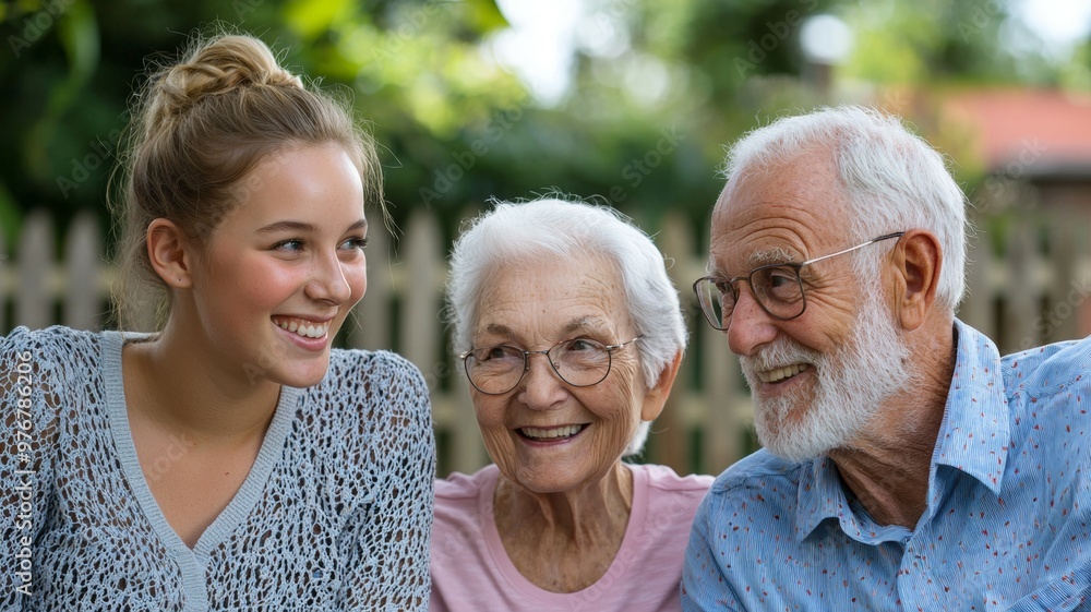 A young woman is sitting next to an older woman and a man A young woman is sitting next to an older woman and a man