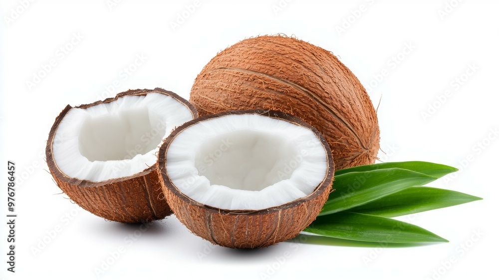 Two halves of a coconut with green leaves on the side Two halves of a coconut with green leaves on the side