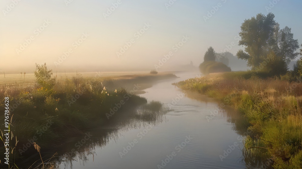 Obraz premium Morning fog over the river in the early morning light. Fishing concept