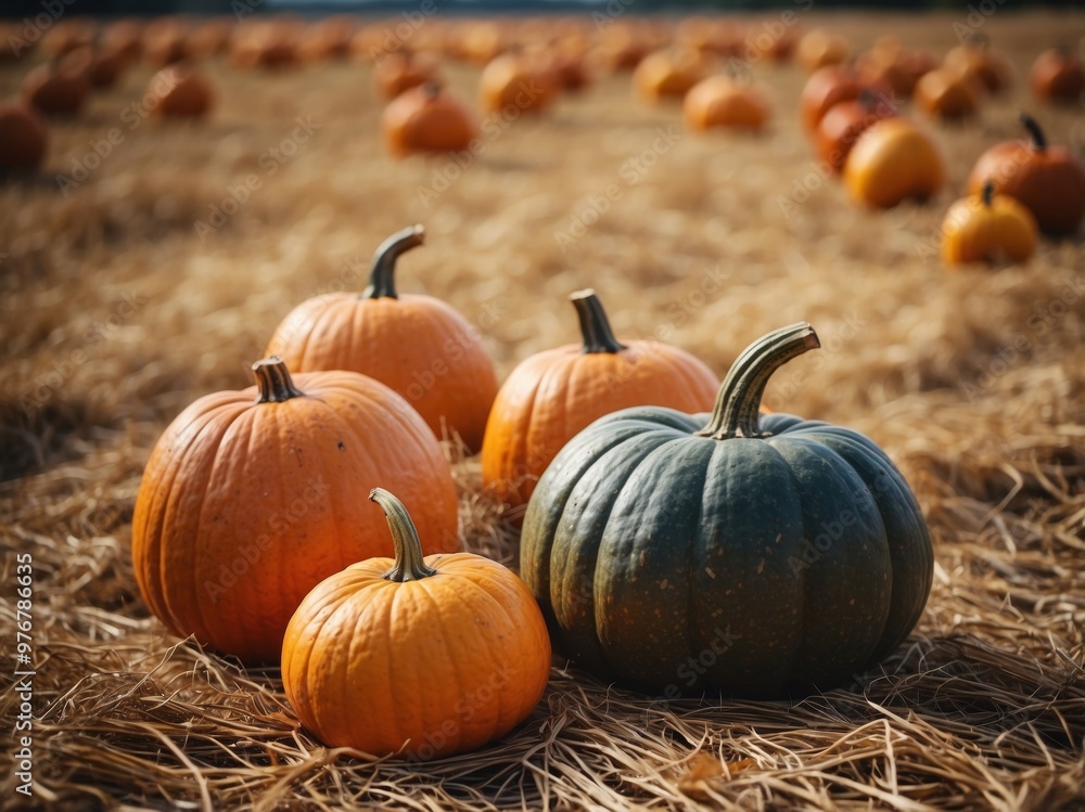 Pumpkins on Hay at Autumn Harvest Festival in Rural Landscape. Pumpkins on Hay at Autumn Harvest Festival in Rural Landscape.