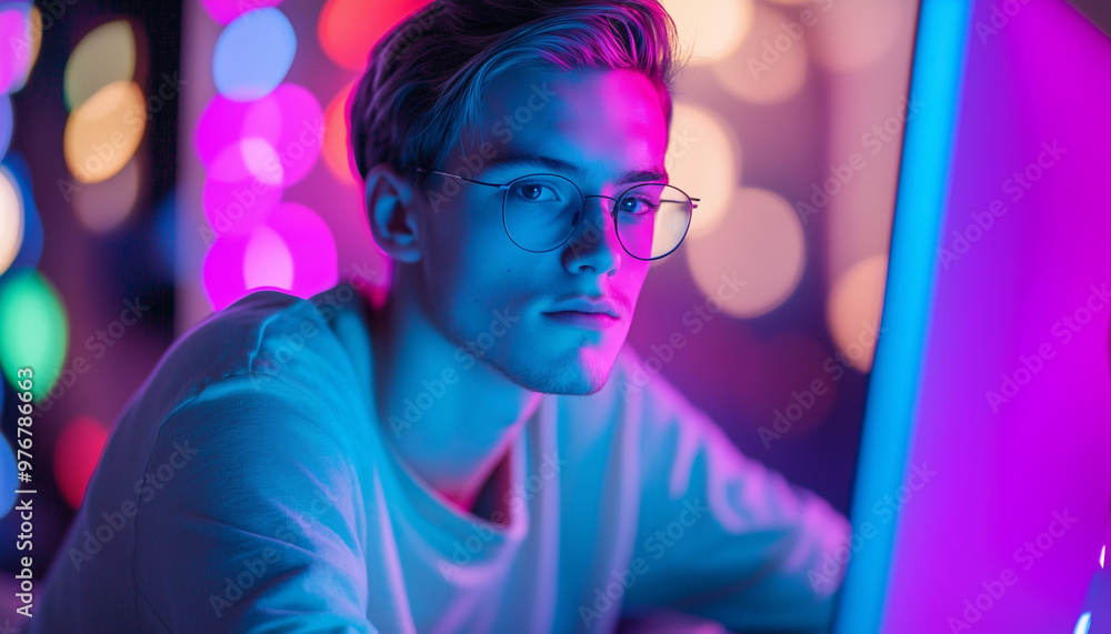 Young Caucasian man with glasses working on a computer under vibrant neon lights, creating a focused and futuristic ambiance.