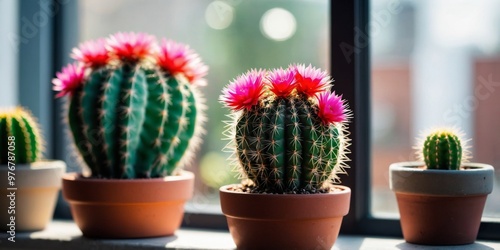 Colorful blooming cacti on the windowsill. photo