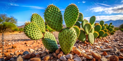 A tall, ornery prickly pear cactus stands firm in the arid landscape, its flat, paddle-shaped joints sturdy and