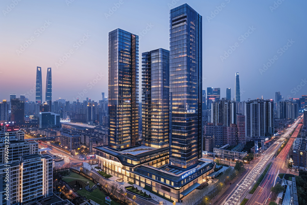 Obraz premium At night, high-rise buildings in modern cities