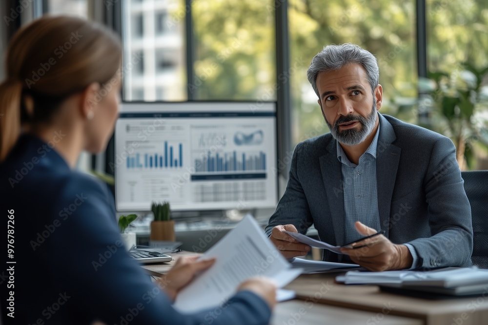 Bank manager meeting with client in a modern office setting Bank manager meeting with client in a modern office setting