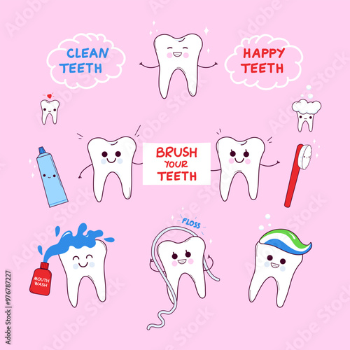 Funny cute dental hygiene set with cartoon teeth characters smiling. Clean and happy teeth, brush your teeth sign. Cute kids dentist office cartoons. Vector illustration