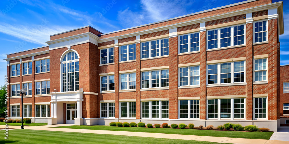 Fototapeta premium Typical American school building exterior with brick facade and white windows, school, building, educational