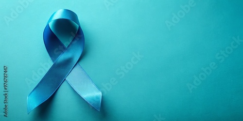 A vibrant blue ribbon, a symbol of hope and awareness, floats on a serene aqua background, evoking thoughts