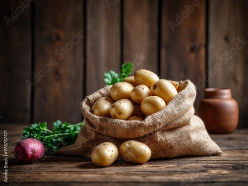 Organic freshly dug potatoes in a burlap sack on rustic wooden background for vegan meals.