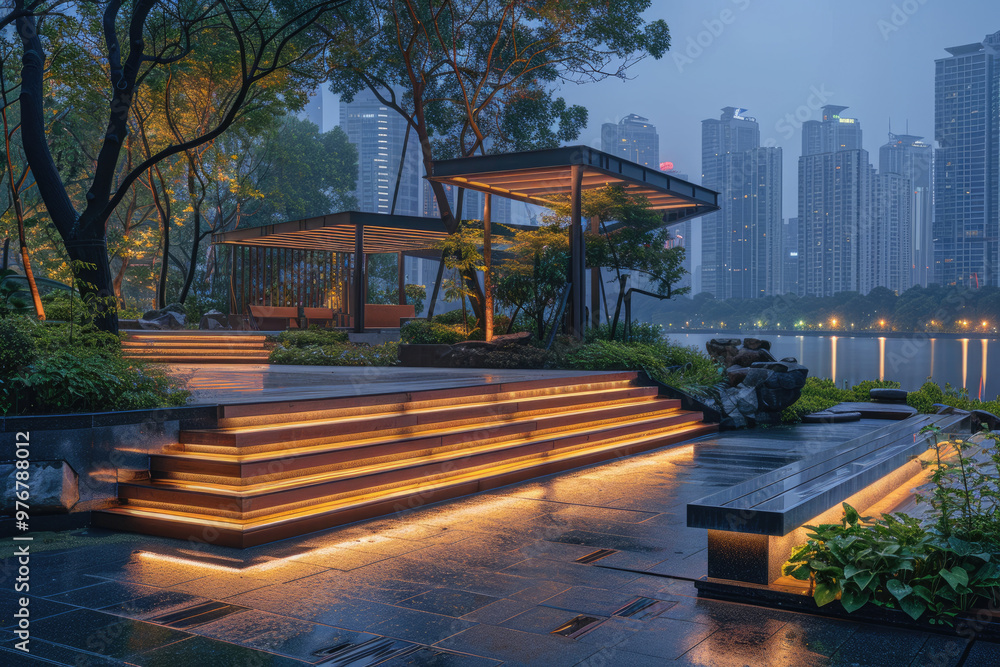 Obraz premium Chinese architecture at night, pavilions and towers