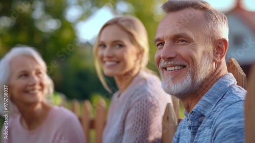 A man and two women are sitting on a fence, smiling