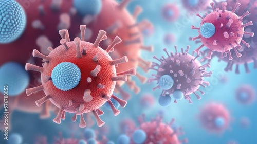 Pathogen respiratory coronavirus flu outbreak. Microscopic view of floating influenza virus cells. Dangerous Covid coronavirus, pandemic risk concept.
