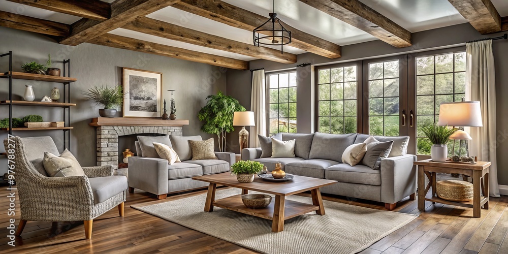 A warmly inviting room features grey walls, exposed wooden beams, and neutral furniture, adorned with farmhouse accents A warmly inviting room features grey walls, exposed wooden beams, and neutral furniture, adorned with farmhouse accents