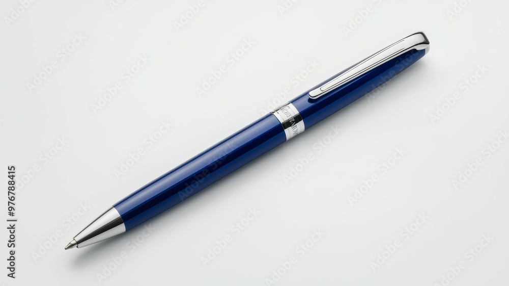 A blue pen with a silver clip sits on a white background A blue pen with a silver clip sits on a white background