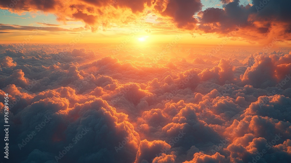 A vibrant sunset illuminating fluffy clouds in a serene sky. A vibrant sunset illuminating fluffy clouds in a serene sky.
