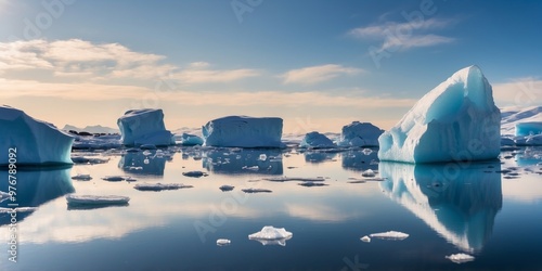 Stunning polar landscape with icebergs and reflections in calm water under a blue sky.