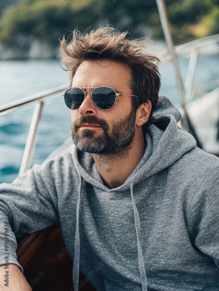 Man on Boat Wearing Sunglasses Man on Boat Wearing Sunglasses