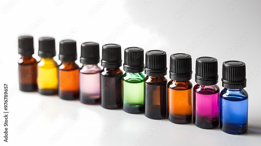 A Vibrant Collection of Essential Oil Bottles Displaying a Spectrum of Colors for Aromatherapy Enthusiasts A Vibrant Collection of Essential Oil Bottles Displaying a Spectrum of Colors for Aromatherapy Enthusiasts