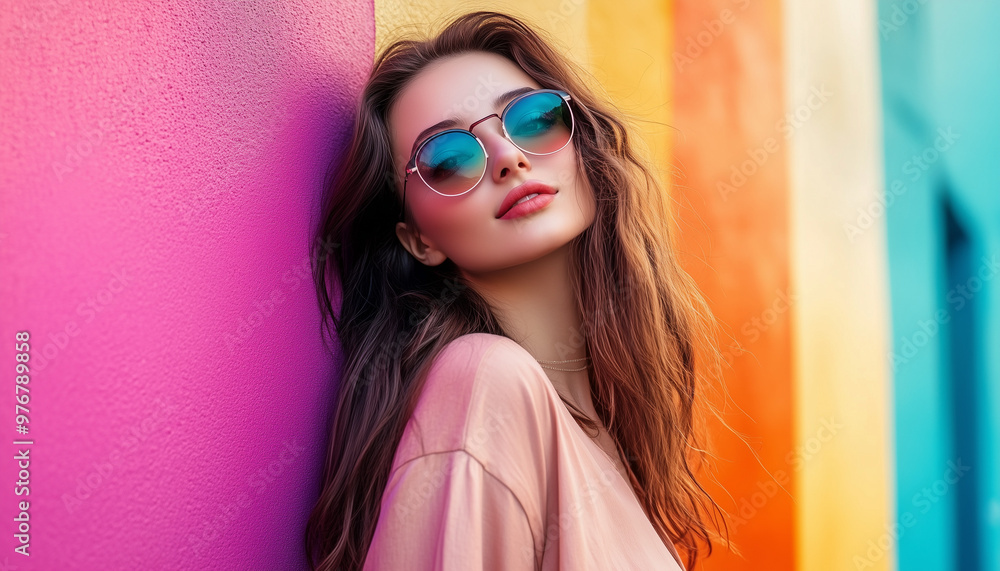 Fashionable young woman with sunglasses leans against a colorful rainbow wall, exuding a modern and vibrant mood. Fashionable young woman with sunglasses leans against a colorful rainbow wall, exuding a modern and vibrant mood.