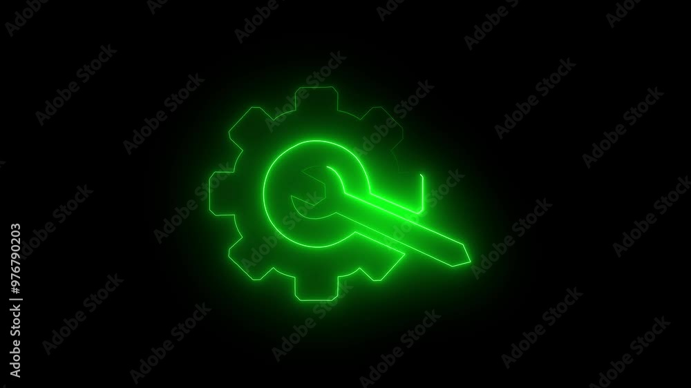 Neon glowing green color gear setting icon on black background . Technology setting animation icon. Technical concept and networking concept. Neon line gear and networking system. Neon glowing green color gear setting icon on black background . Technology setting animation icon. Technical concept and networking concept. Neon line gear and networking system.