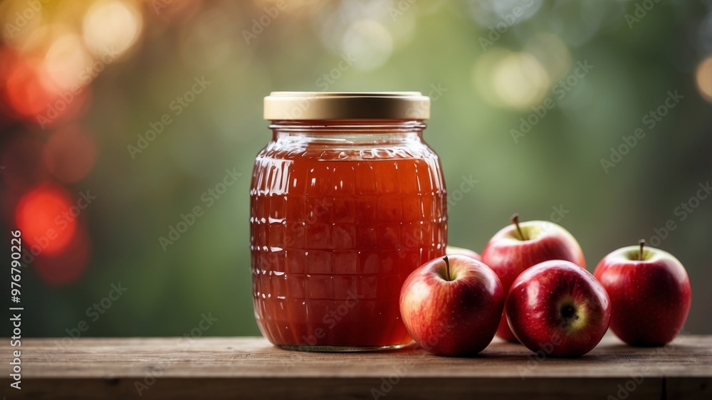 Harvest Bounty - Apple Jam Jar and Fresh Red Apples on Display. Harvest Bounty - Apple Jam Jar and Fresh Red Apples on Display.