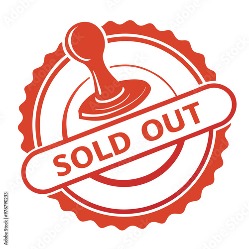 Sold out stamp badge design with gavel, red color, product availability and scarcity seal, with copy space