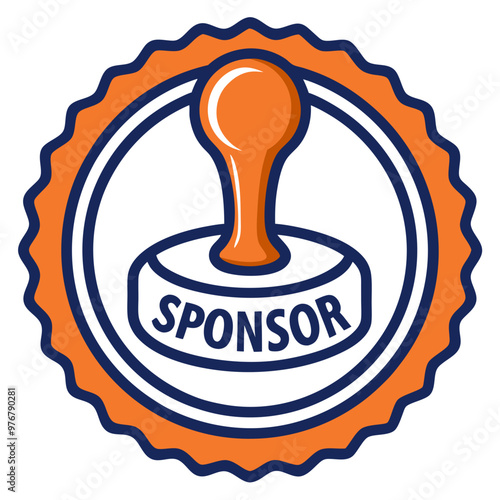 Sponsor stamp badge design with gavel, orange and blue colors, official sponsorship and endorsement seal, with copy space