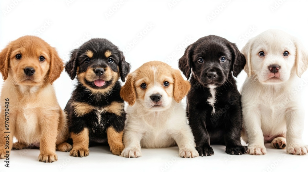 A group of puppies are sitting in a row, with one being black A group of puppies are sitting in a row, with one being black