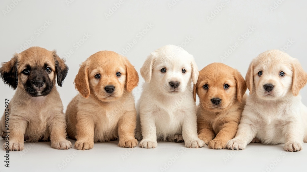 A group of puppies are sitting in a row, with one being the tallest A group of puppies are sitting in a row, with one being the tallest