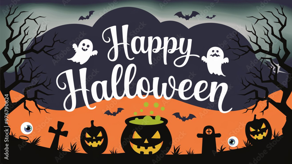 Spooky Halloween Poster with Haunted House and Full Moon Scene Spooky Halloween Poster with Haunted House and Full Moon Scene