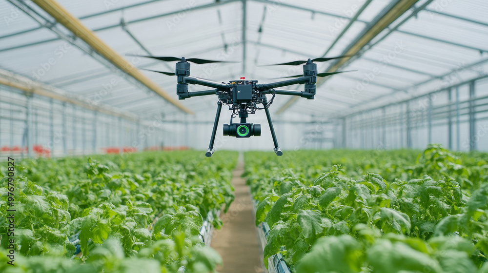 A drone equipped with sensors is flying through greenhouse filled with lush green plants, showcasing modern agricultural technology. A drone equipped with sensors is flying through greenhouse filled with lush green plants, showcasing modern agricultural technology.