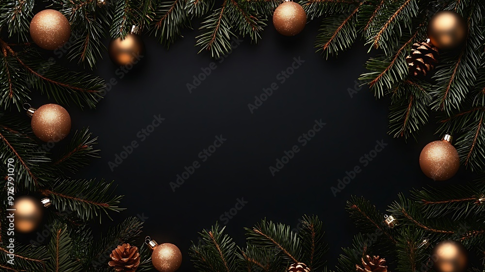 Festive Christmas Decoration with Pine Branches and Golden Ornaments Festive Christmas Decoration with Pine Branches and Golden Ornaments