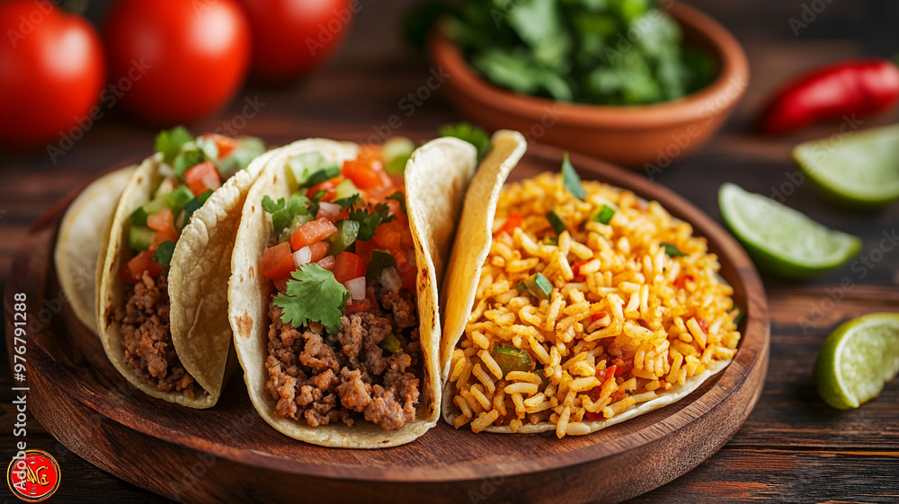 Celebrate National Taco Day with delicious tacos and vibrant sides of rice in a cozy setting Celebrate National Taco Day with delicious tacos and vibrant sides of rice in a cozy setting